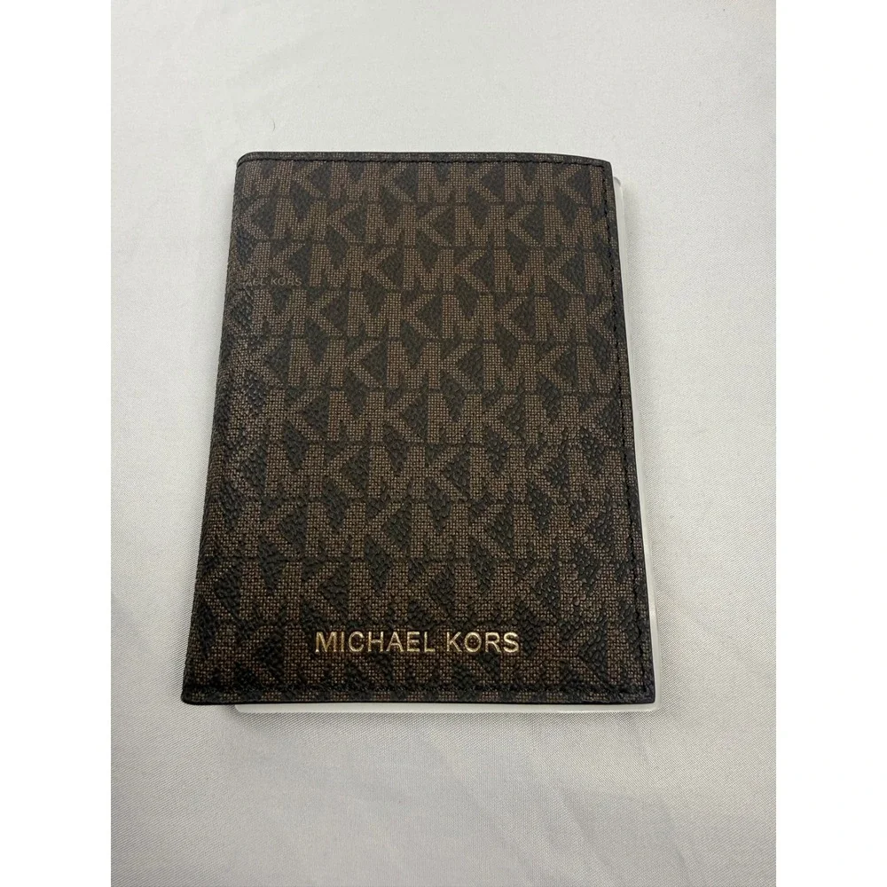 Michael Kors Jet Set Signature Logo Passport Holder Case Brown Monogram Bifold